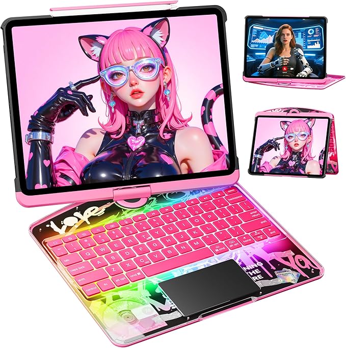 KITONE Transparent Case with Wireless Keyboard for iPad 10.2-in (7th, 8th, and 9th Gen), 7 Colors Backlight, Trackpad, 360°Rotating Stand, Tech Style