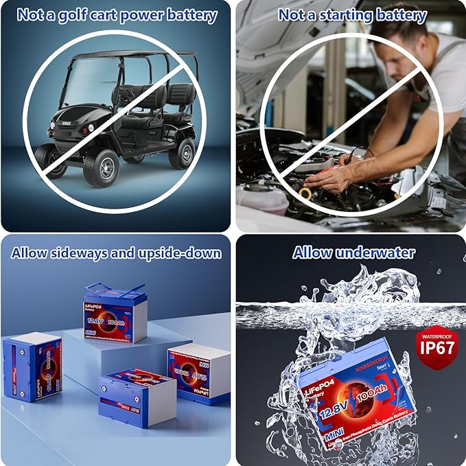 12V 100Ah Lifepo4 Battery, Bci Group 24, Built-In 100A Smart BMS, 4500 To 15000 Deep Cycle Grade A Cells Lithium Battery For Rv, Trolling Motor, Marine, Home Energy Storage, Solar Panel System (BT1PC)