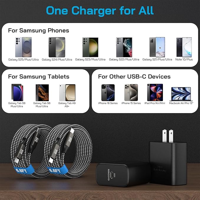 45W Super Fast Charger Type C, [2 Pack] 45 Watt USB-C Charger PD/PPS Wall Charging Block for Samsung Galaxy S25 Ultra/S25+/S25/S24/S23 Ultra/S23+/S22 Ultra/S22+/S20 Ultra, Tab S8(with 2X 6.6ft Cable)