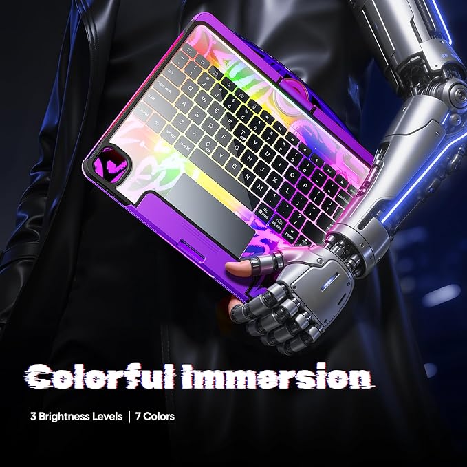KITONE for iPad Air 11 Inch (M3/M2,2025/2024) Transperant Case with Wireless Keyboard, 7 Color Backlight, Trackpad, 360°Rotating Stand for 10.9" iPad Air 5th/4th, 11" iPad Pro 4/3/2/1 Case, Cyberpunk
