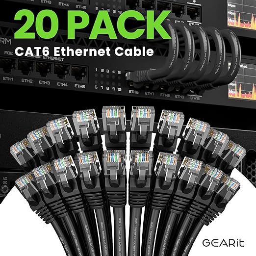 GearIT Cat 6 Ethernet Cable Pack - 20-Pack 5 ft Cat6 Ethernet Patch Cables | RJ45 Network Patch Cable, 10 Gbps Snagless Gold-Plated Connectors - Ethernet Cable Cat 6 for PC, TV, Router - Black