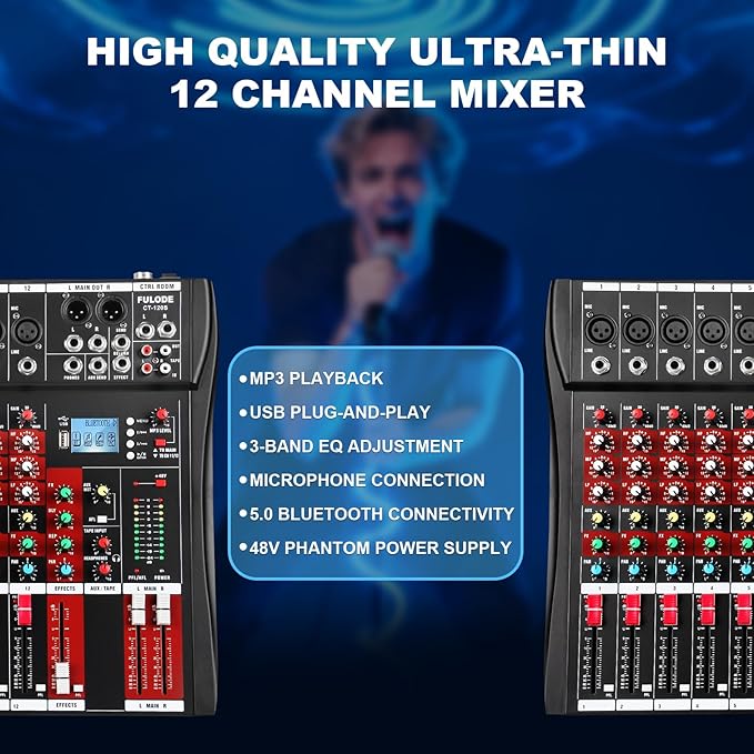 12 Channel Audio Mixer, Professional Music Mixer Board DJ Mixing Console with Bluetooth, USB/MP3 Player, Reverb, and 48V Phantom Power for Studio Recording, Karaoke, and Live Performances