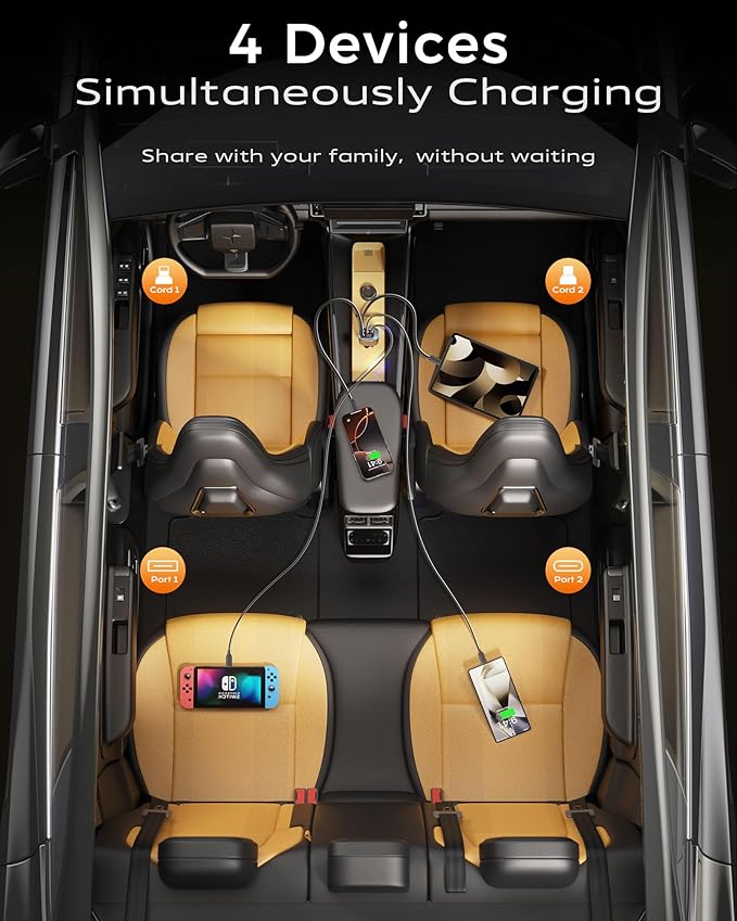iPhone Car Charger, Retractable Fast USB C Phone Charger, 4 in 1 Cigarette Lighter Adapter with 2 Cables 30 Inch and 2 USB Ports, Multi Port USB Car Charging for iPhone 16/15/14/13/Pro Max