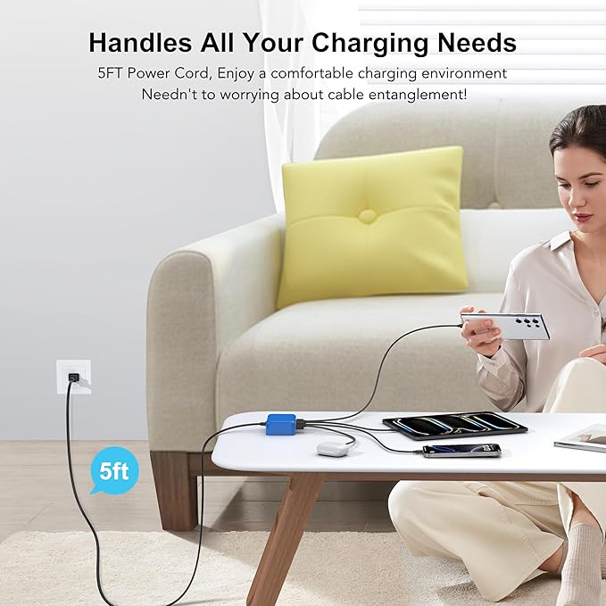 USB C Fast Charger 100W GaN 6 Port Type USB C Charging Station Hub Block Wall Charger Power Strip Adapter Plug Cube Brick 3 USB A for iPad iPhone16 15 14 13 12 11 Pro Max Pixel Note Galaxy