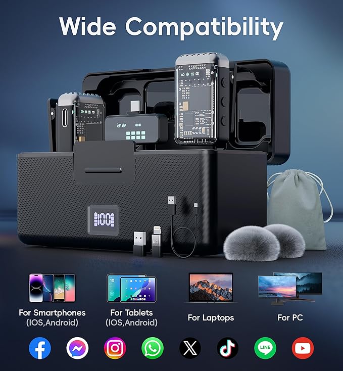 Microphone for iPhone with Charging Case Mini Microphone Wireless Lavalier USB C Lapel Mic Clip on Mic for iPhone, iPad, Android for Video Recording, Vlog, YouTube, TikTok