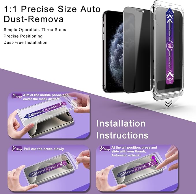 2 Pack Privacy Screen Protector for iPhone 11 Pro Max/iPhon XS Max, 9H Tempered Glass, Full Coverage, Anti-Fingerprint, Auto Dust-Elimination, No Bubble, Easy Installation