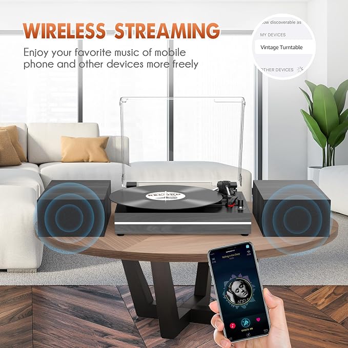 Vinyl Record Player with Dual Separate Stereo Speakers Vintage Turntable with BT Wireless Input Playback Belt Drive 3 Speed 3 Size Playback Record Player Support AUX Headphone Input RCA Out Auto Stop