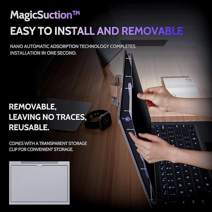 Privacy Screen for 15 Inch Surface Laptop 7, MagicSuction™ Removable Anti Spy Black Protector, Glare Blue Light Filter for Microsoft Laptop Computer Monitor