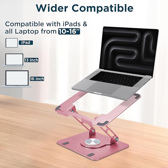 Uncaged Ergonomics Swivel Laptop Stand for Desk, Adjustable Computer iPad Stand for Desk w/ 360 Rotation, Portable Laptop Holder for Home Office Ergonomic Supplies (Rose Gold)