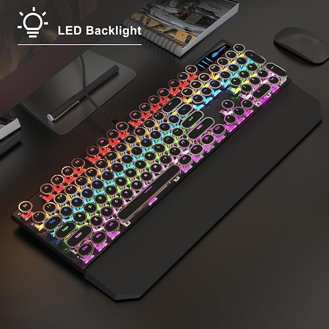 MageGee Typewriter Mechanical Gaming Keyboard, Retro Black Punk Round Keycaps RGB Rainbow Backlit Wired Keyboards for Laptop MAC PC Gamer, with Magnetic Wrist Rest - Blue Switch