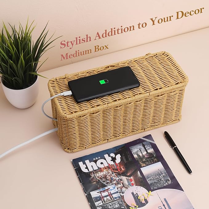 2Pack Large Cable Management Box, Handwoven Imitation Rattan Cord Organizer Cord Hider Box, Cable Organizer Box for Desk, Cord Management Box to Hide Cords and Power Strips