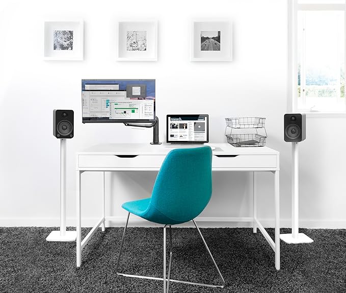 Kanto SP32PLW Universal Speaker Floor Stands for Bookshelf Speakers | 32" Tall | Two Sizes Rotating Top Plate w/Foam Padding | Carpet & Hardwood Feet | Hidden Cables | ¼”-20 Mounting | Pair | White
