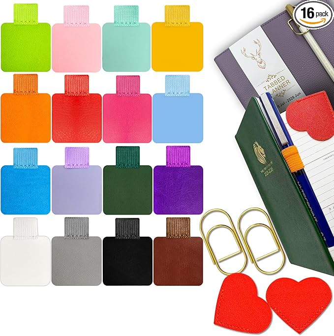 Pen Loop Holder for Notebook 16 Colors Self-Adhesive Stick On Pen Holder with Extra 2 Pens Clips 2 Leather Bookmarks As COMBO for Planner Journal Tablet Clipboards Calendars Bible Campus School Office