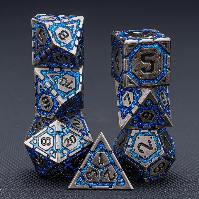 DND Metal Dice Set, Polyhedral Dice Set for RPG D&D Dice with Cracks Dungeons and Dragons Dice Set for RPG TTRPG D&D Die with Gift Case(Antique Nickel Blue)