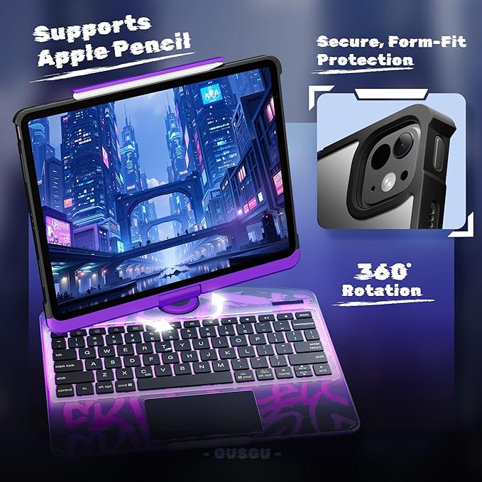 KITONE Transparent Case with Wireless Keyboard only for 2024 iPad Pro 13-in.(M4), 7 Colors Backlight, Trackpad, 360°Rotating Stand for iPad Pro 13, Tech Style