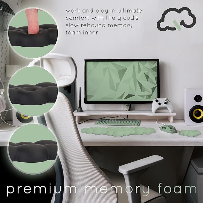 Qloud Cloud Wrist Rest Keyboard Wrist Rest for Computer Keyboard Pad, Cloud Keyboard Wrist Rest, Wrist Pad for Keyboard, Memory Foam, Non Slip Base, Comes with Mouse Pad - Pastel Green