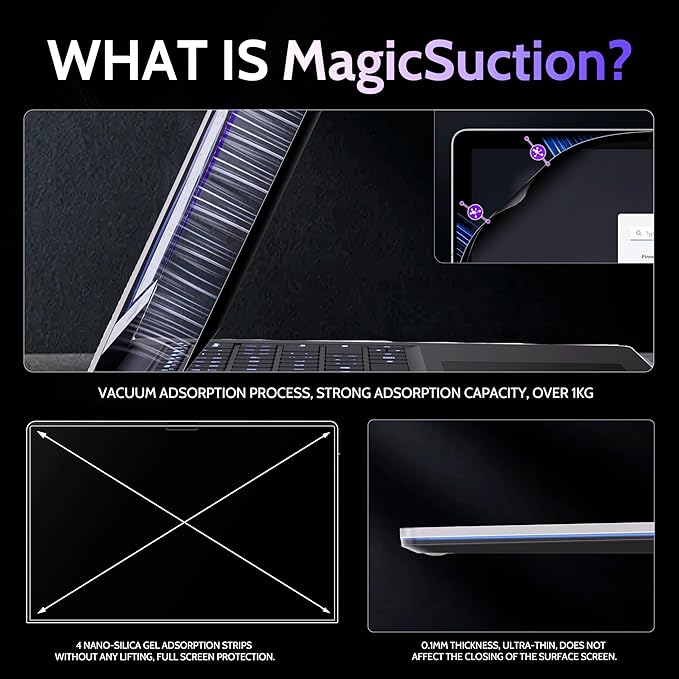 Privacy Screen for 15 Inch Surface Laptop 7, MagicSuction™ Removable Anti Spy Black Protector, Glare Blue Light Filter for Microsoft Laptop Computer Monitor