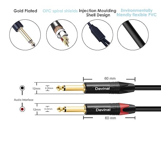 Devinal 1/4 to Dual 1/4 Y-Splitter Cable, 6.35mm TRS to Dual 6.35mm TS Insert Cable Cord, Quarter inch Stereo to 2 Quarter inch Mono Send and Return Patch Cord 10 Feet