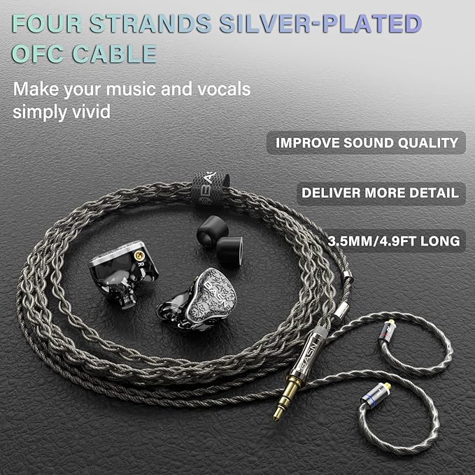 BASN Bmaster5 in Ear Monitors, 5 Drivers Drummer Headphones with Powerful Bass, Noise Isolation IEM Earbuds with Detachable MMCX Sliver-Plated OFC Cable for Musicians (Midnight Black, MMCX)