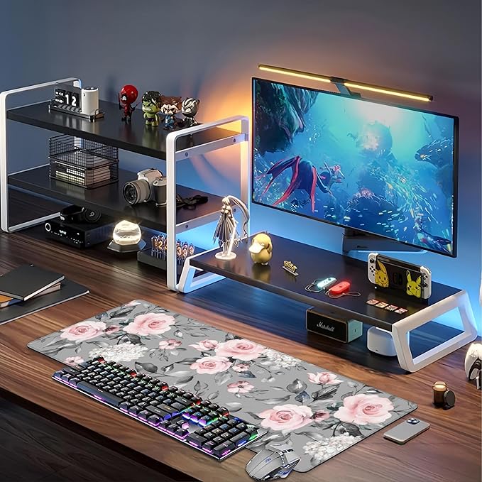Pink Roses Desk Mat,Large Spring Blooming Flowers and Leaves Gaming Keyboard Mouse Pad,Non-Slip Rubber Base Desk Pad Thick Stitched Edges Waterproof Mousepad Mouse Mat 31.5"x11.8"