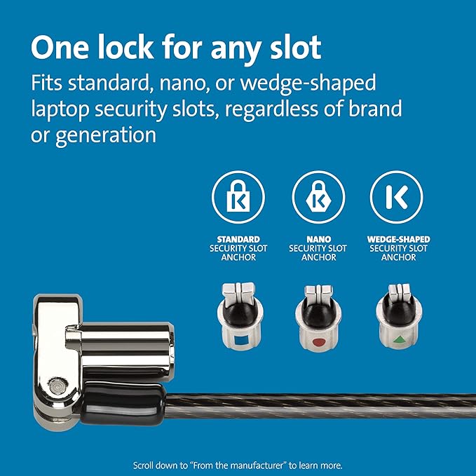 Kensington Universal 3-in-1 Keyed Laptop Locking Cable, Computer Security Keyed Lock, T-bar, Nano, Wedged-shaped (K62318WW)