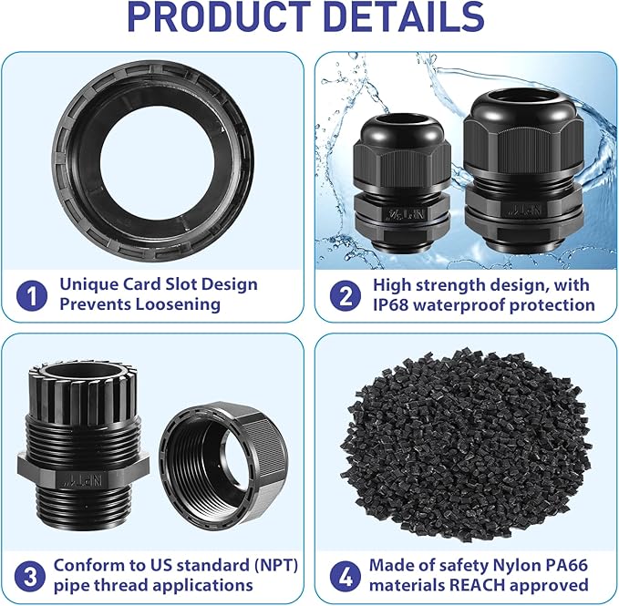 25 PCS 3/8"(5-10mm) NPT Nylon Cable Gland Joints with Gaskets, IP68 Adjustable Lock Nut Strain Relief Cord Grip Waterproof Cable Glands - UL Listed and RoHS Compliant
