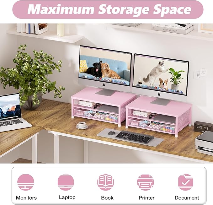 Desk Organizers and Accessories, 2-Tier Computer Monitor Stand Riser with Drawer, Laptop Stand, Office Desk Accessories, Workspace Desktop Organizer for Office Supplies, Pink