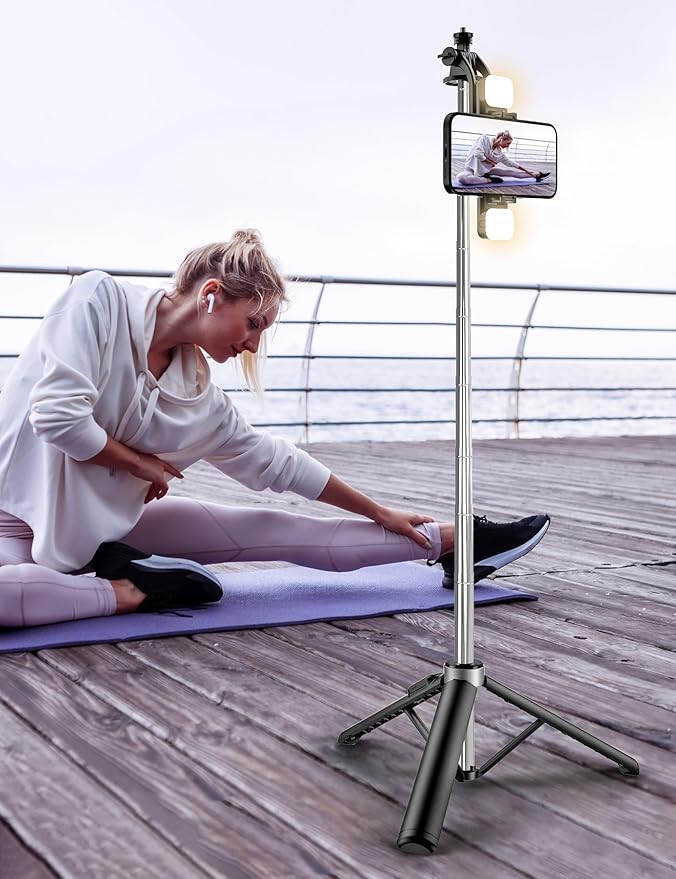 53'' Selfie Stick Tripod with Light, Extendable Selfie Stick with Remote, Portable Cell Phone Tripod Stand with All in 1 Phone Clip, Lightweight Camera Tripod Compatible with iPhone 15 14 13, Android