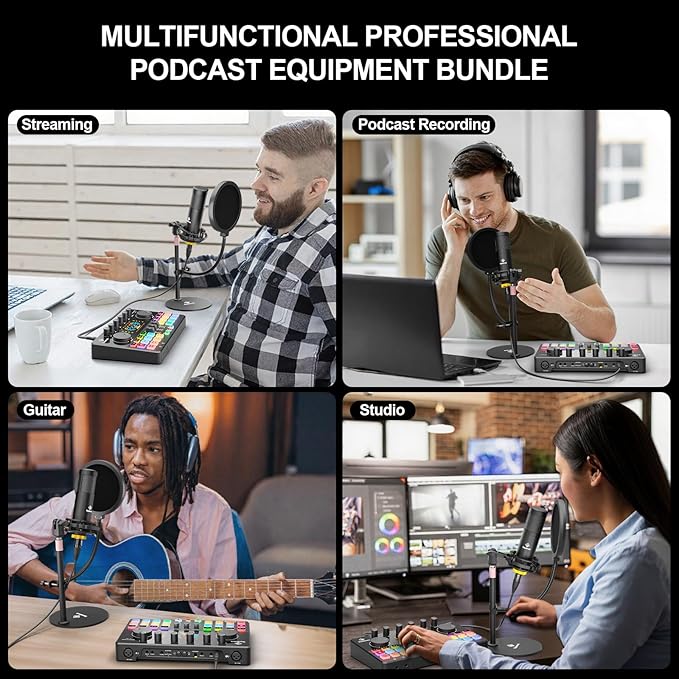 Podcast Equipment Bundle for 2 with Dual XLR-3.5 Condenser Micophones with Mic Pop Filters Audio Equipment for Live Streaming/ Recording, Online Gaming for Phone/ Laptop/ PC Audio Interface M100