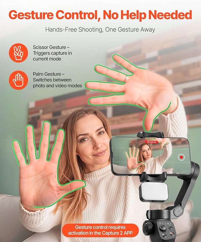 VEVOR Gimbal Stabilizer for Smartphone, 3-Axis Stabilization, Phone Gimbal for Android & iPhone with Magnetic Fill Light, Face Tracking, Gesture Control, Phone Stabilizer for Video Recording Vlogging