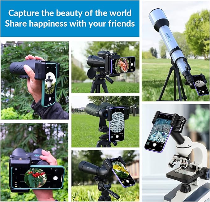 APEXEL Telescope Phone Adapter, Binocular Photo Adapter for Android & iPhone, Phone Holder Mount for Telescope, Monocular, Binocular, Microscope, Spotting Scope. (Including Bluetooth Shutter Remote)