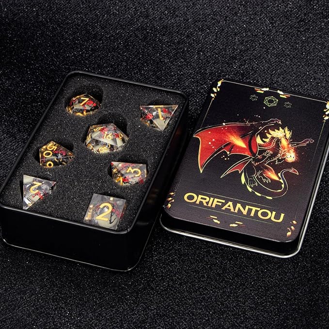 Plum Blossom DND Dice Yellow Noctilucent Liquid Core Dice Set with Metal Box, Handmade Sharp Edge Dice D and D Polyhedral Dice for use with D&D RPG Role Playing Game