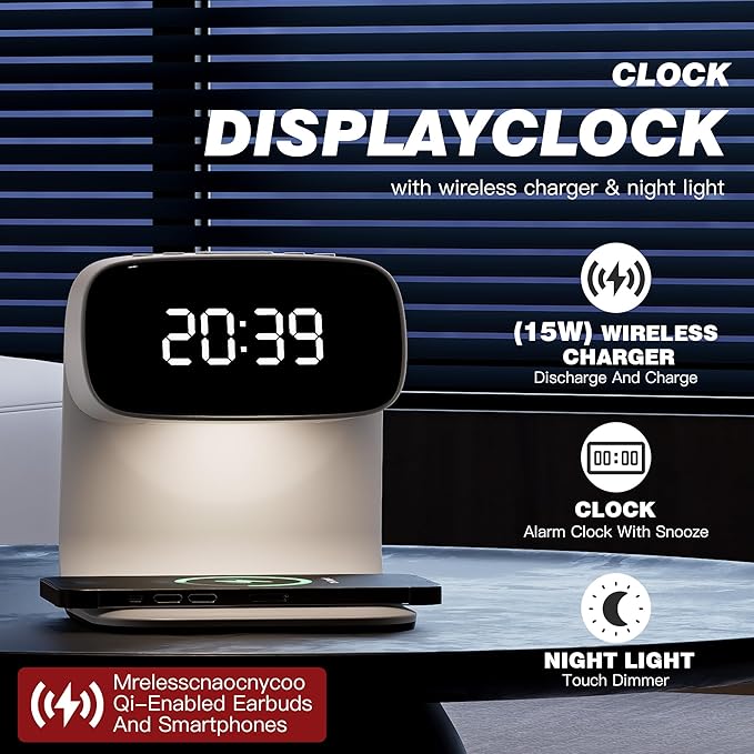 Digital Alarm Clock with Wireless Fast Charging Station 15W Touch Smart Lamp for Bedside,3 Colors Nightlight Adjustment Night Lamp for Living Room,Bedside,Heavy Sleepers (White-01-Adapter)