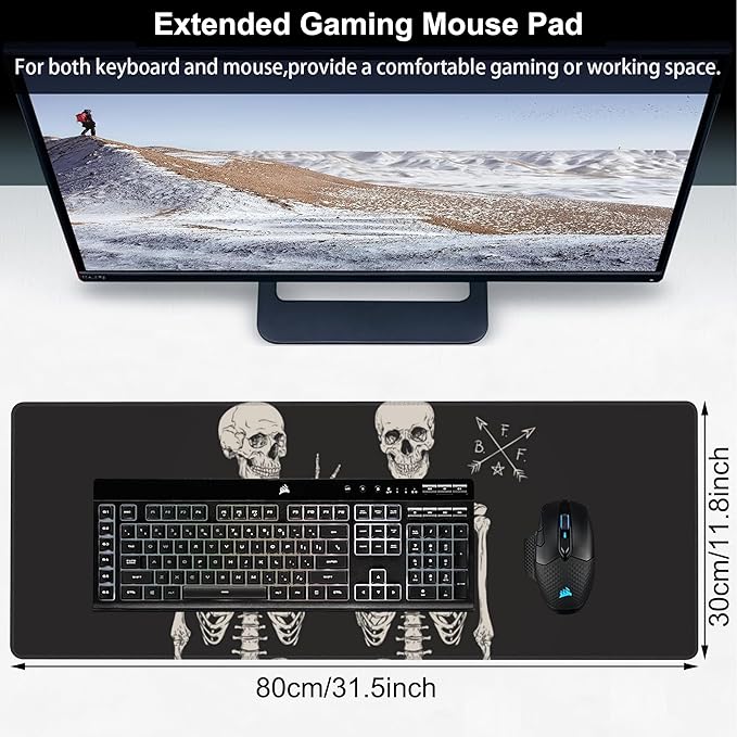 Human Skeletons Best Friends Desk Mat,Large Gothic Human Skeleton Gaming Keyboard Mouse Pad,Non-Slip Rubber Base Desk Pad Thick Stitched Edges Waterproof Mousepad Mouse Mat 31.5"x11.8"