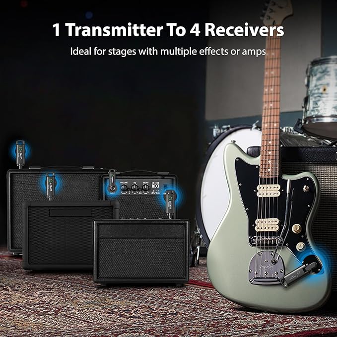 LEKATO Wireless Guitar System UHF Wireless Guitar Transmitter Receiver Rechargeable Audio Wireless Guitar Transmitter and Receiver with 70 Channels Wireless for Guitar Bass Electric Instruments-Green