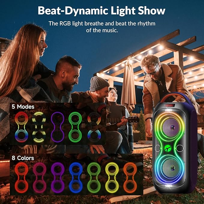 Portable Bluetooth Speaker with 120dB Loud Sound, Dynamic LED Lights, 5 RGB Modes, Bluetooth 5.3, USB/TF/AUX/FM/Mic Input/TWS, Built-in Handle, Party Speaker for Home, Outdoor, Party, Camping (RGB)