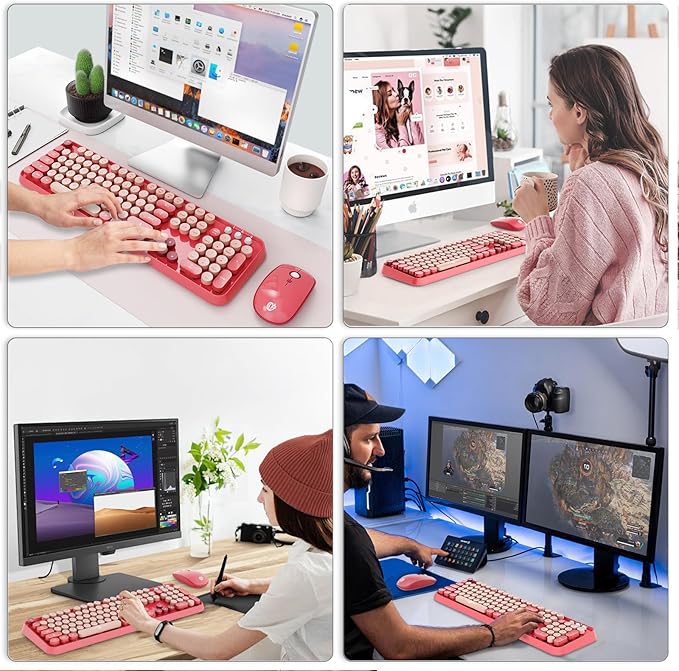 Wireless Keyboard and Mouse Combo, 104 Round Keys Cute Colorful Keyboard and Mouse with Retro Typewriter for PC/Mac/Laptop/Tablet/Computer/Windows Rose