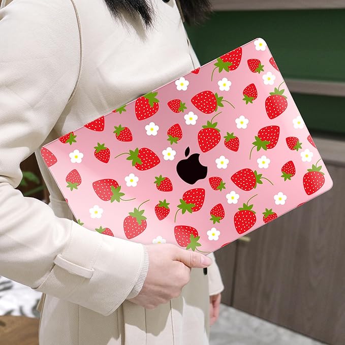 MEEgoodo for MacBook Air 13 inch Case 2021 2020 2019 2018 Released A2337 M1 A2179 A1932 with Touch ID, Plastic Hard Shell & Keyboard Cover Compatible with MacBook Air Case 13.3, Strawberries & Flowers