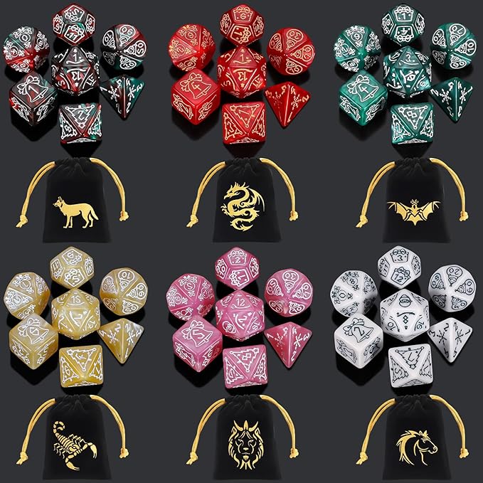 CiaraQ Polyhedral Dice Set, 6 Colors with 6 Decorative Pouches, 7 Pieces per Set, Fantasy RPG Gaming Dice/DND Dice/Role Playing Dice, Christmas Themed