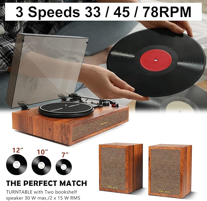 Vinyl Record Player with External Speakers, 3 Speed Bluetooth Turntable for Vinyl Records, Vintage Belt Drive Record Player with Stereo Speakers and Auto Stop, RCA Audio Out and Aux-in,Light Wood