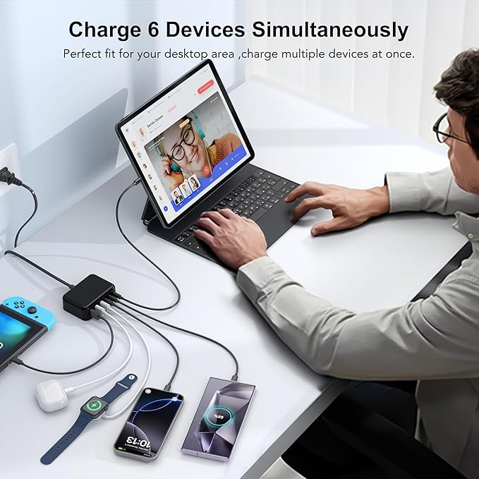 USB C Fast Charger, 100W GaN 6 Port Type USB C Charging Station Hub Block Cube, Wall Charger Power Strip Adapter Plug for iPad iPhone 16 15 14 13 12 Pro Max Pixel Note Galaxy, 5ft Cord