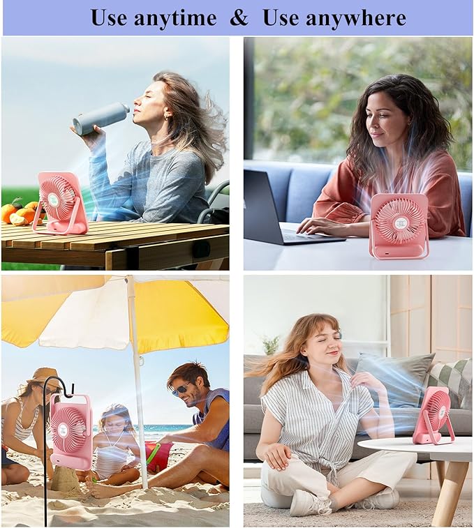 WHATOOK Small Desk Fan Personal Fans: 5000mah 25 Hours Battery Office Quiet Mini Desktop Fan Portable Rechargeable Travel Essentials (Pink, 5000)