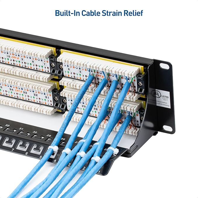 [UL Listed] Cable Matters 48 Port Patch Panel Rackmount or Wall Mount 19-Inch with Support Bar, 2U Cat6 Network Patch Panel for 10 Gigabit Ethernet, 110 or Krone Impact Tools Compatible