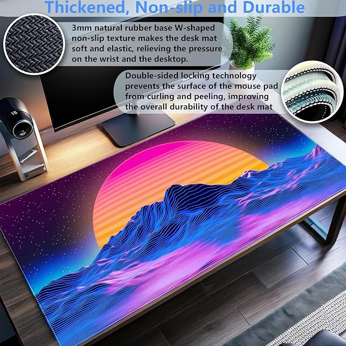 Retro Neon Fantasy Mouse Pad Desk Mat XXL Large 31.5x15.7in Gaming Keyboard & Mouse Pad Nostalgic Digital Art Office Desk Decor