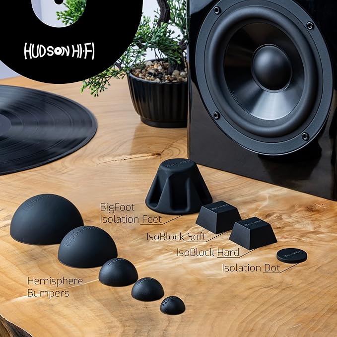 Speaker Isolation Feet – 4-Pack 1.5" Bigfoot Rubber Pads – Non-Adhesive Anti-Vibration Feet for Turntables, Subwoofers, Amplifiers – 50 Duro Non-Skid Bumpers for Audio Equipment