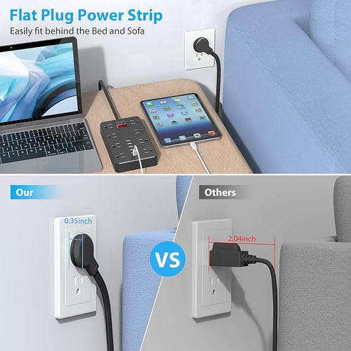 10 Ft Extension Cord Power Strip, SMNICE 8 Widely Spaced Outlets and 6 USB (1 USB C) Charging Ports Flat Plug Power Strip, Desktop Power Cord for Travel Home Office Accessories Black
