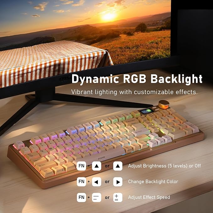 iRocks K85R Wireless RGB Backlit Mechanical Gaming Keyboard with LCD Display, Hot-Swappable Pre-lubed Switches, 98 PBT Keys, USB-C Detachable Cable (Light Golden, Silent Bubble Switch)