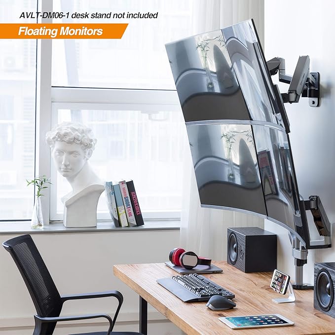 AVLT Dual Extended 13"-32" Monitor Wall Mount fits Two Flat/Curved Computer Monitor Full Motion Height Swivel Tilt Rotation Adjustable Monitor Arm - VESA/Cable Management