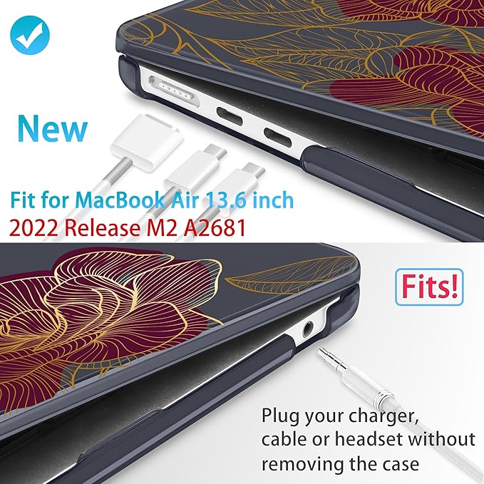 Mektron for 2025 M4 MacBook Air 13.6 Inch A3240 Case Fits 2023 A2681 M2 2024 A3113 M3 Chip with Liquid Retina Display Touch ID, Printed Plastic Hard Shell Cover for MacBook Air 13.6", Golden Rose