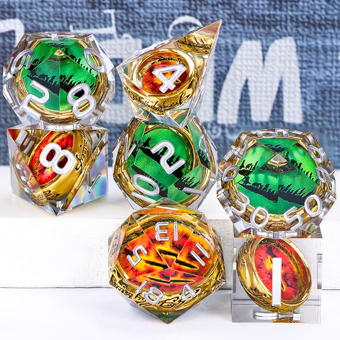 Magic Golden Ring DND Dice Set Sharp Edge Red Gaze Eye Resin Dice with Box, for use with RPG D&D Tabletop Games Lord D and D Polyhedral Dice Set